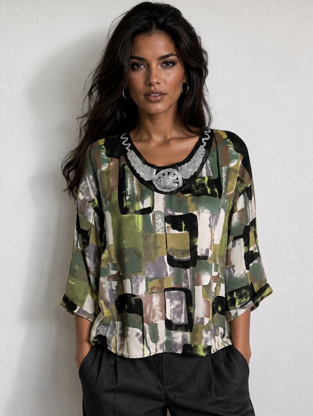 Quintessential Black & Green Abstract Hi-low Crop Top, Sequin Collar, Size Small